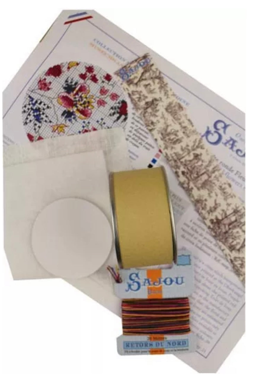 CROSS STITCH KIT - ORIENTAL FLOWERS ROUND BOX