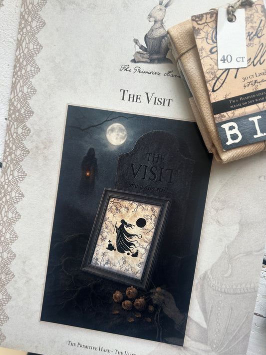 The Primitive Hare - 40ct Dark Spell linen and The Visit Pattern